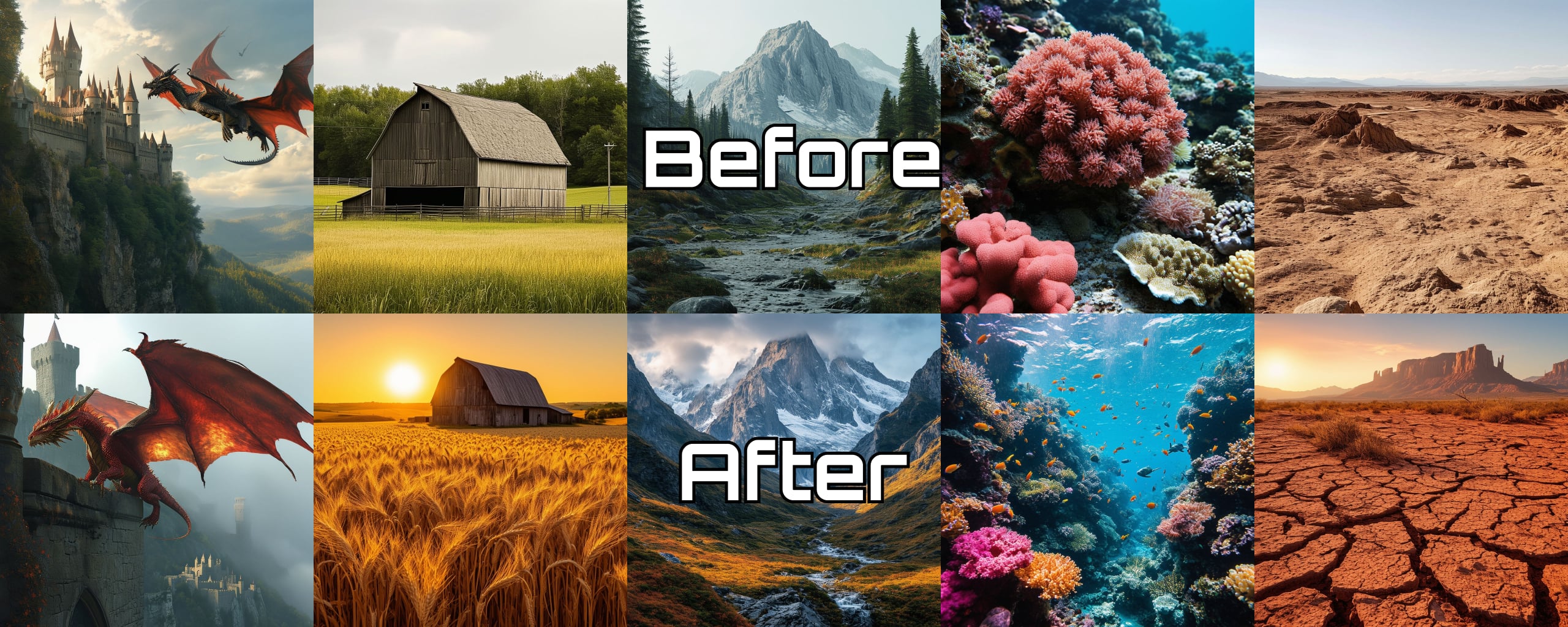 Before/after prompt rewrite comparison. Top row is original prompt, bottom is rewritten prompt.